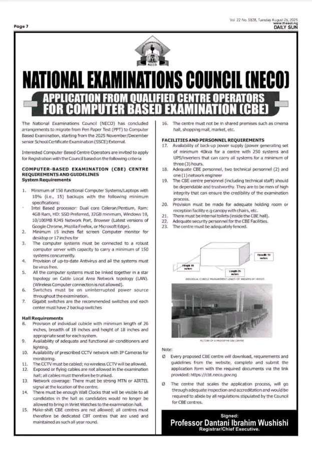 NECO CBE Centre Registration portal