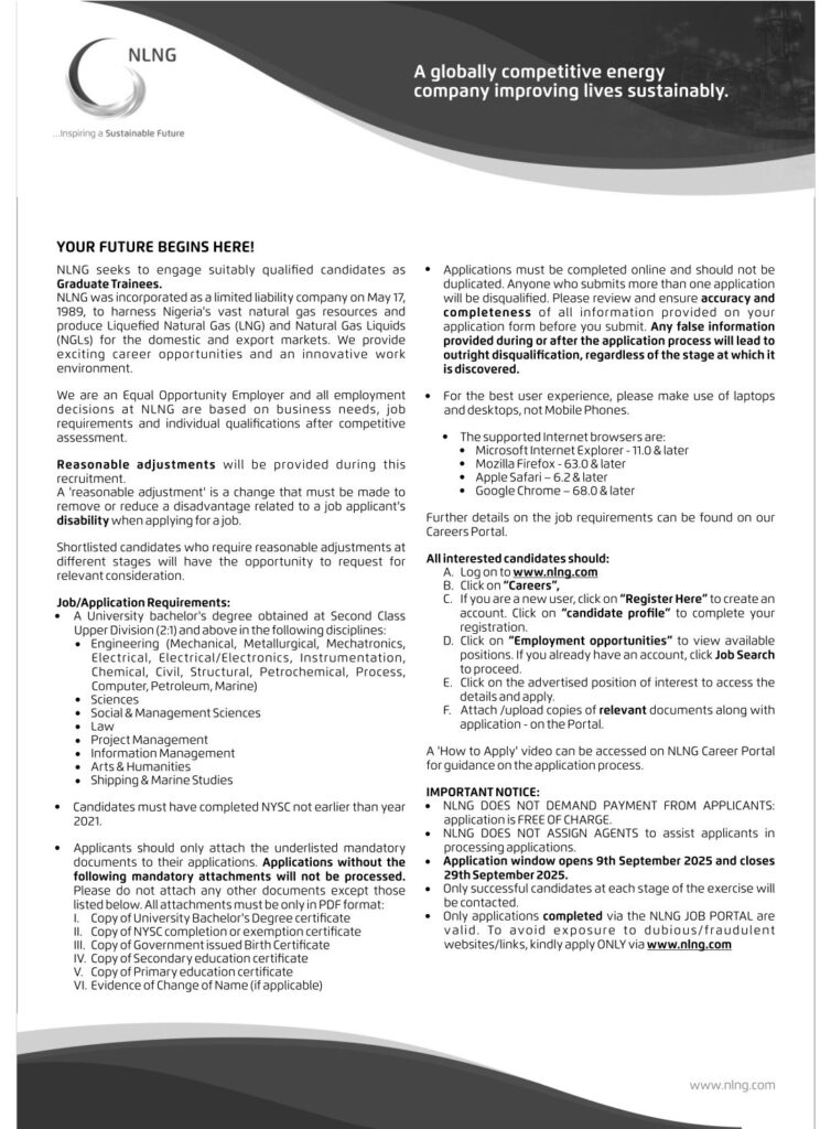 NLNG Graduate Trainee Program 2025