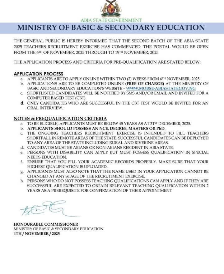 Abia State Teachers Recruitment Form 2025