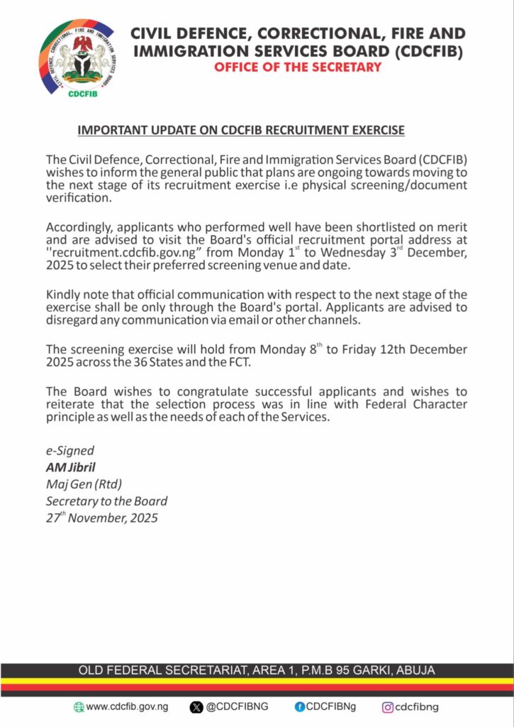 CDCFIB Physical Screening Date, Venue