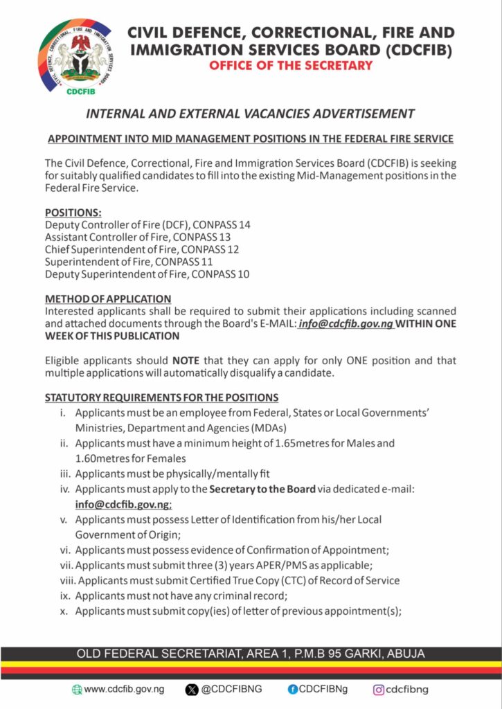 Federal Fire Service Recruitment 2025 by CDFCIB