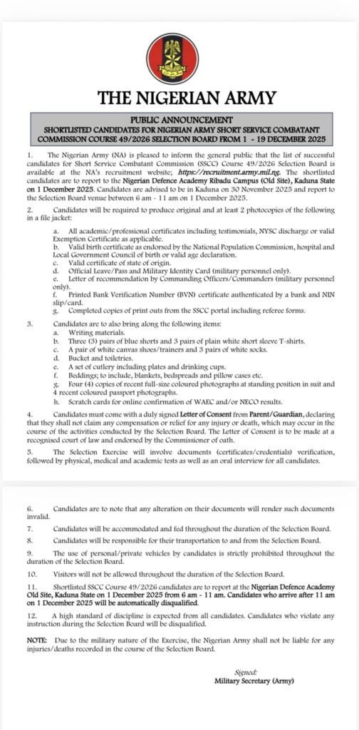 Nigerian Army Shortlisted Candidates for SSC