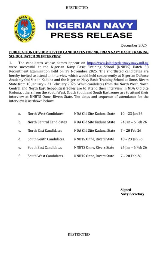 Nigerian Navy Shortlist for NNBTS interview