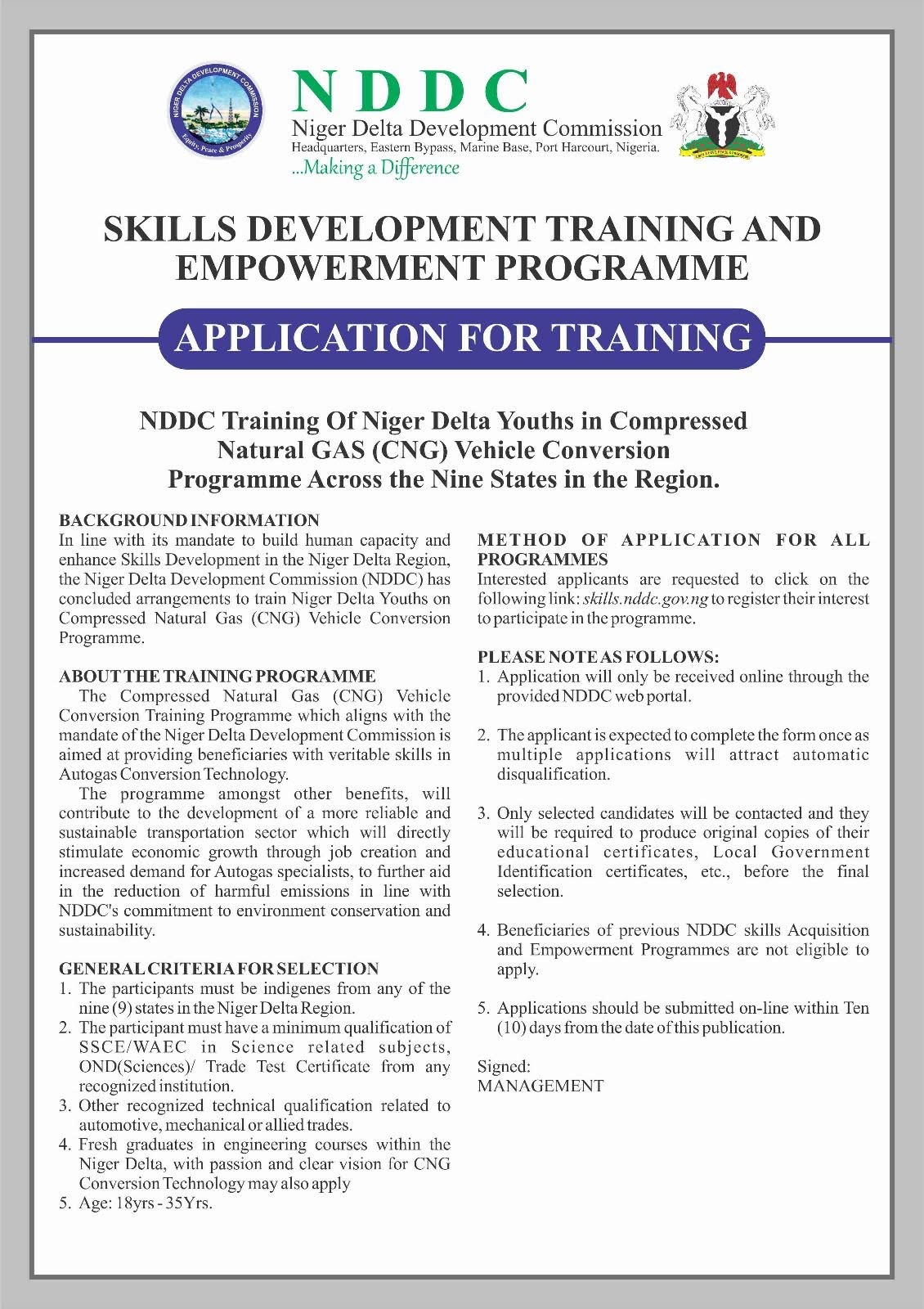 NDDC Skills Development and Empowerment: Apply for NDDC CNG Training ...