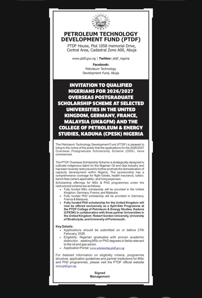 How to apply for PTDF Overseas Scholarship 2026 Form is out