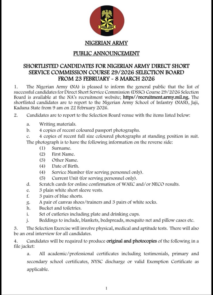 Nigerian Army DSSC Shortlist