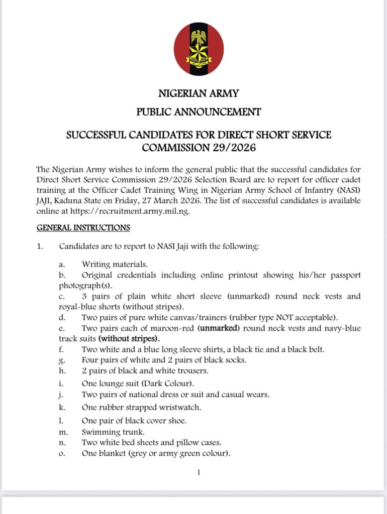 Nigerian Army DSSC 29 Training Date